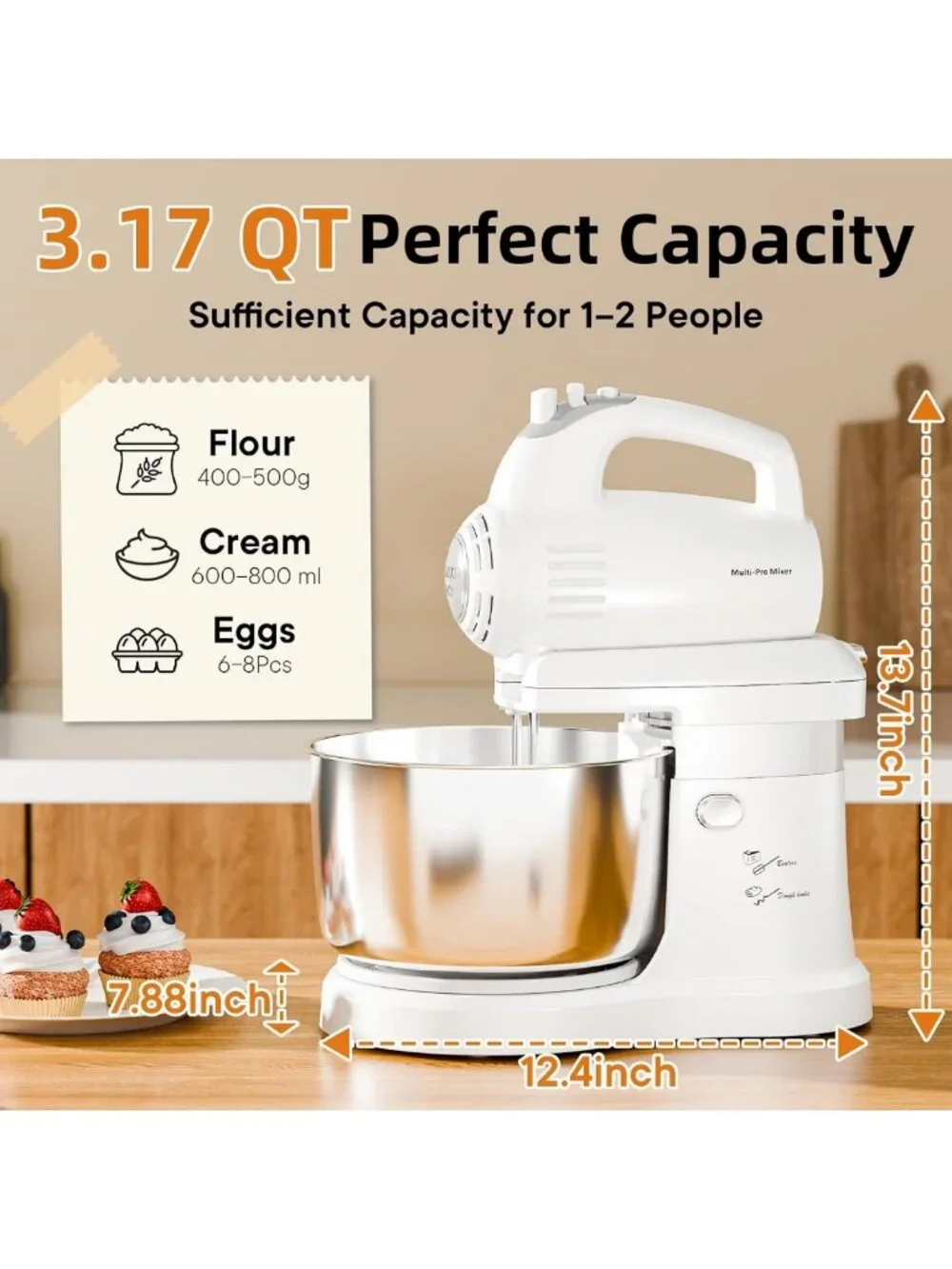 2-in-1 Electric Stand Mixer 3.2QT with Auto-Rotating Bowl & 5-Speed Turbo for